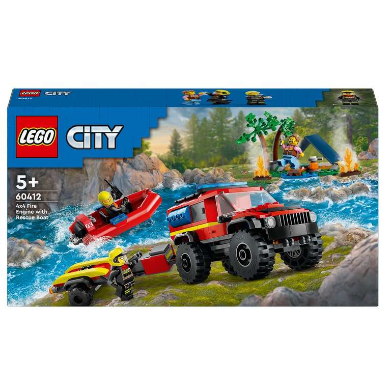 LEGO 60412 Camión de Bomberos 4x4 con Barco de Rescate, Mini Figuras