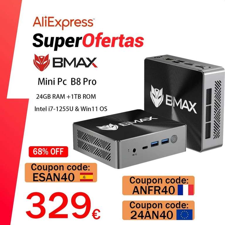Mini PC BMAX B8 Pro, procesador Intel Core i7-1255U, 10 núcleos, hasta 4,7 GHz, 24GB, DDR5, RAM 1TB, NVMe, SSD, WiFi 6, Bluetooth 5,2