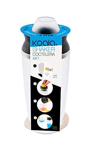 Koala Spain Coctelera Plástico 600 ml con Marcas de Medidas, Coctelera multiusos: Exprimidor, Colador, Medidor 50 cl