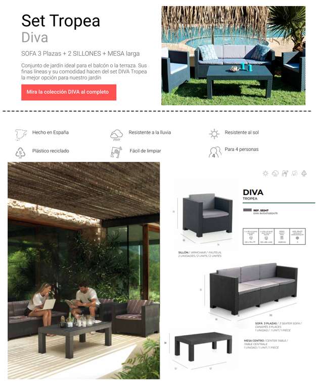 SHAF - Set Tropea DIVA - Conjunto de Jardin con Material Efecto Ratan Fácil de Combinar con tus Muebles de Exterior