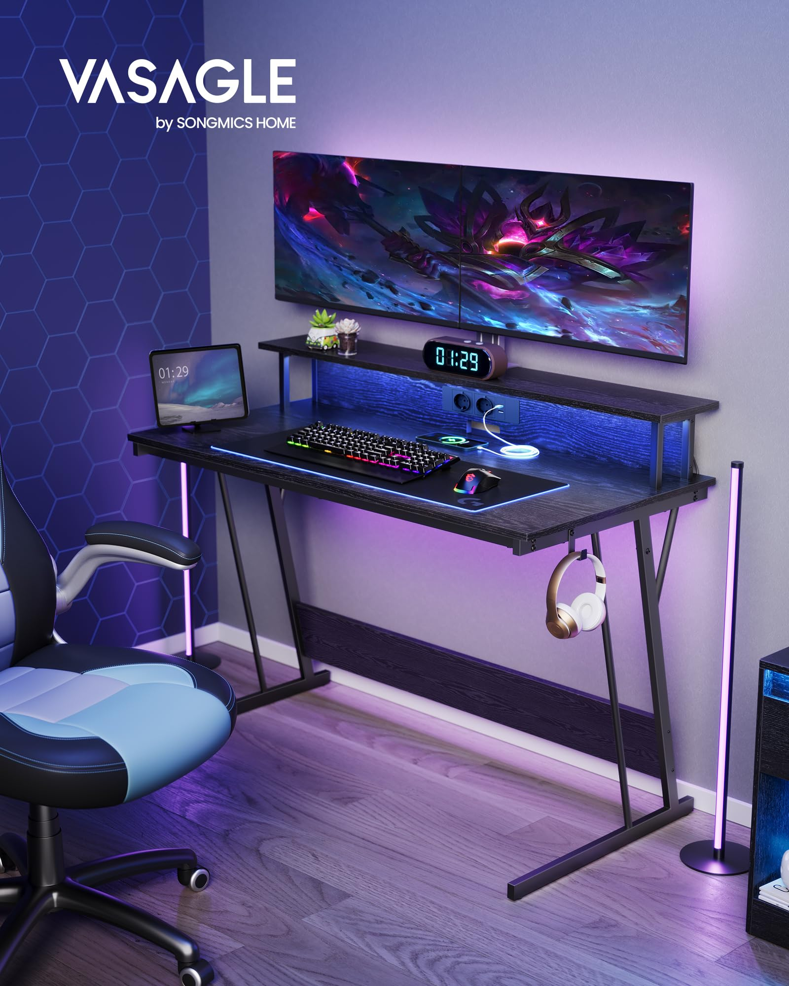 VASAGLE Escritorio para Juegos con Luces LED y Tomas de Corriente Incorporadas, Escritorio con Estante para 2 Monitores, 60 x 120 x 76 cm,