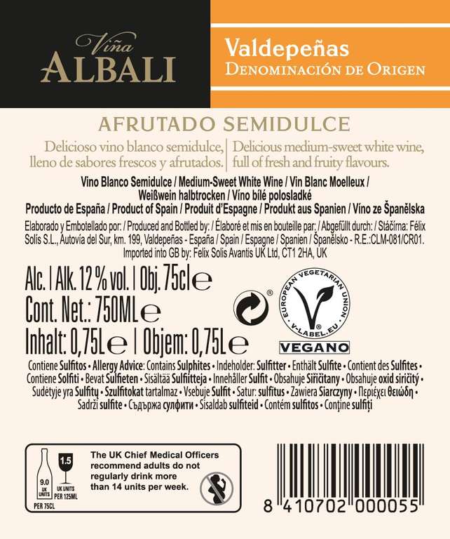 Viña Albali Viña Albali Blanco Semidulce - 6 Paquetes de 750 ml