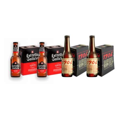 Cervezas 1906 y Estrella Galicia Pack Combinado - 2 packs de 1906 Reserva Especial 33cl + 2 packs de Estrella Galicia Especial 25cl