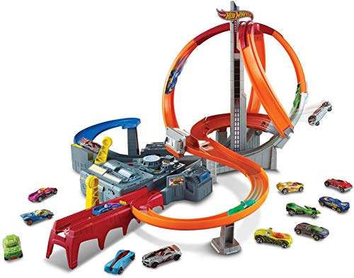 Hot Wheels Pista de Coches de Juguetes Spin Storm con Dos lanzadores y Dos loopings (Mattel CDL45) & Pack de 5 vehículos, Coches de Juguete