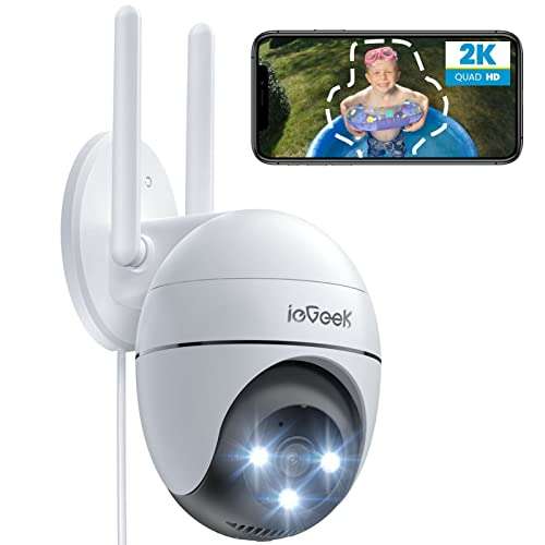 ieGeek 2K Camara Vigilancia WiFi Exterior con Eléctrico, Detección de Movimiento Humano, Visión Nocturna en Color, Alarma Sonora y Luminosa