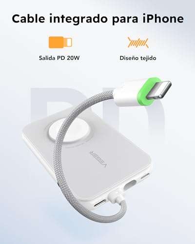 VEGER Power Bank 10000mAh (20W) , cable para iPhone Integrado, carga inalámbrica.
