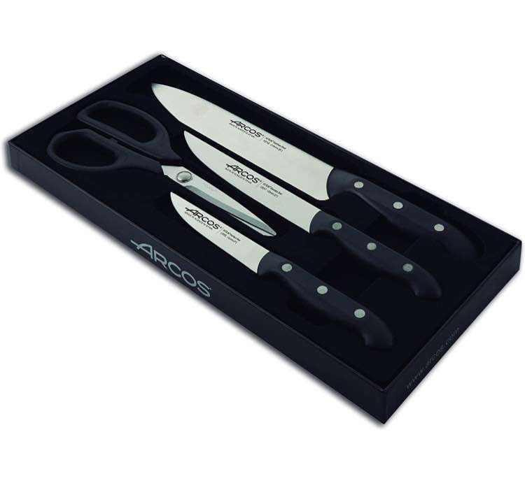 Arcos Serie Maitre - Juego Cuchillos de Cocina 4 piezas (3 Cuchillos + 1 Tijeras), Hoja de Acero Inoxidable NITRUM