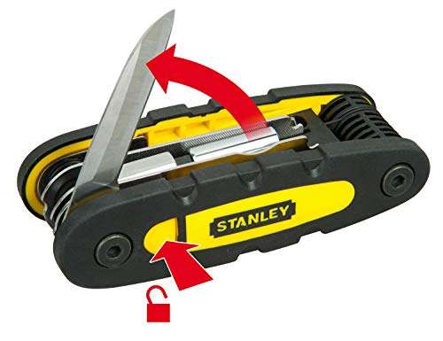 STANLEY Cuchillo Multiusos 14 en 1 con porta-puntas, 1 hoja de cuchillo, Función de bloqueo, Mango bimaterial, Cuchillas de acero inox