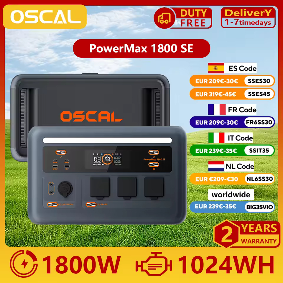 Estación de energía portátil OSCAL PowerMax1800SE, batería LiFePO₄ de 1024 Wh, 1800 W de potencia nominal / 3600 W de pico