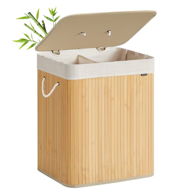 SONGMICS Cesto de la Ropa Sucia con Tapa, 2 compartimentos, 120 L, Bambú