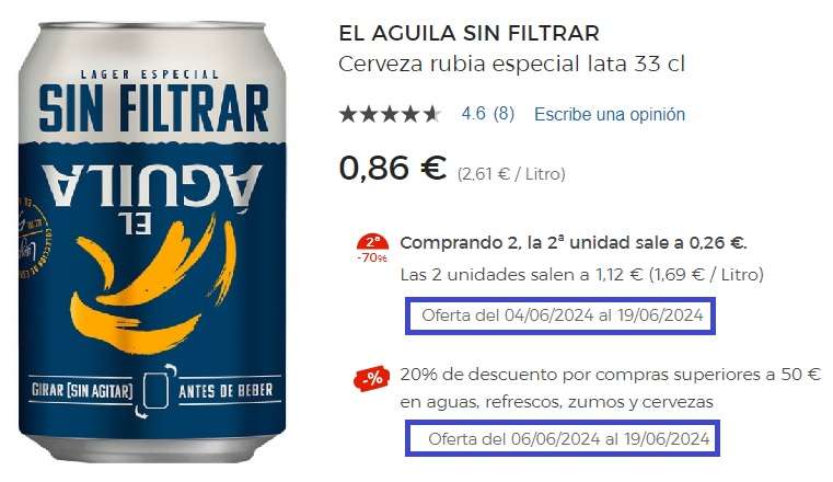 EL AGUILA SIN FILTRAR Cerveza rubia especial. 90 latas x 33 cl. [0,447€/lata]