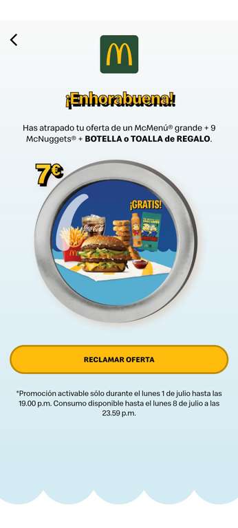 McDonald's menú grande a elegir + 9 nuggets + toalla o botella Minions por 7€, reclamar hoy antes de las 19:00 para canjear hasta el 8/07