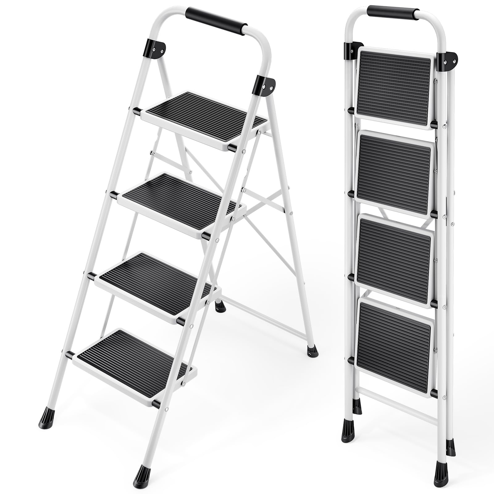 Escalera Plegable 4 Peldaños, Escalera de Tijera con Pedales Antideslizantes Anchos, Barandilla, Escalón Taburete de Acero Portátil