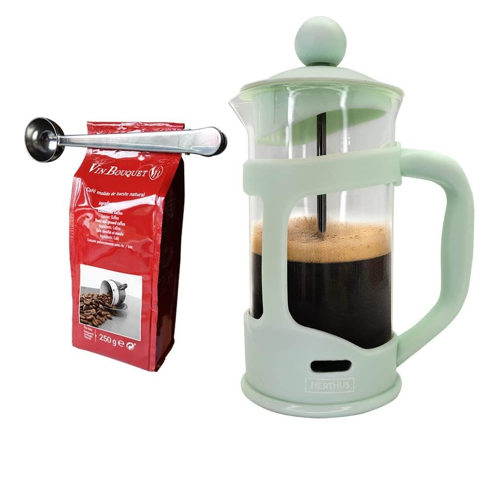 Set Cafetera Francesa Émbolo 350 Ml Verde Cuchara y Pinza para Café