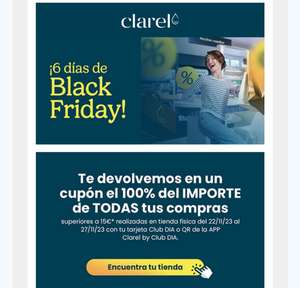 Black Friday Clarel Devolución en cupón de 100% de las compras superiores a 15€