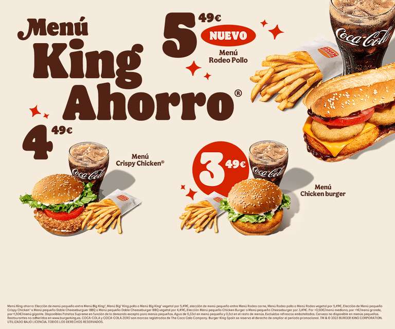 Menú King Ahorro por 3,49€, 4,49€ o por 5,49€ en Burger King (oferta válida en pedidos en restaurante)