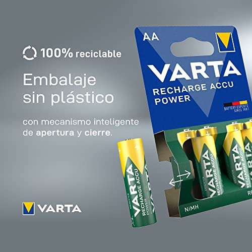 VARTA Pilas AA, recargables, paquete de 4, Recharge Accu Power, batería recargable, 2100 mAh Ni-MH, sin efecto memoria, precargadas