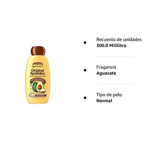 Garnier Original Remedies Champú con Aceite de Aguacate y Manteca de Karité Pelo Rebelde y Escrespado 300 ml (+REEMBOLSO 1'10€. SALE 1'21€)