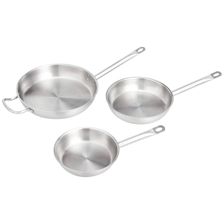 Juego de 3 Sartenes de Acero Inoxidable Amazon Basics (Medidas 20, 24 y 30 cm, Aptas para Horno e Inducción)
