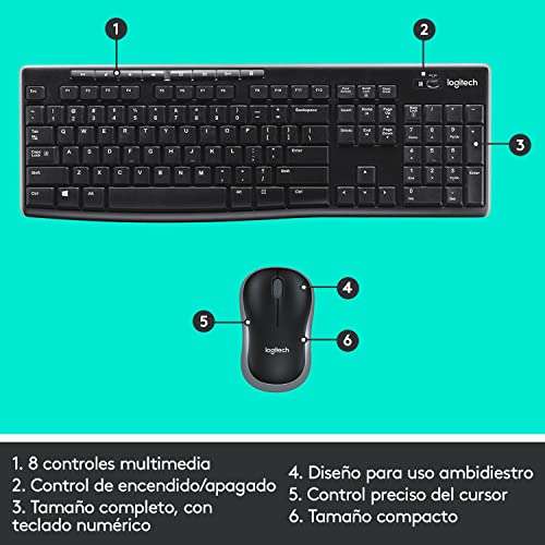 Logitech MK270 Combo Inalámbrico para Windows,, Ratón Compacto, 8 teclas multimedia y de acceso direct QWERTY Español