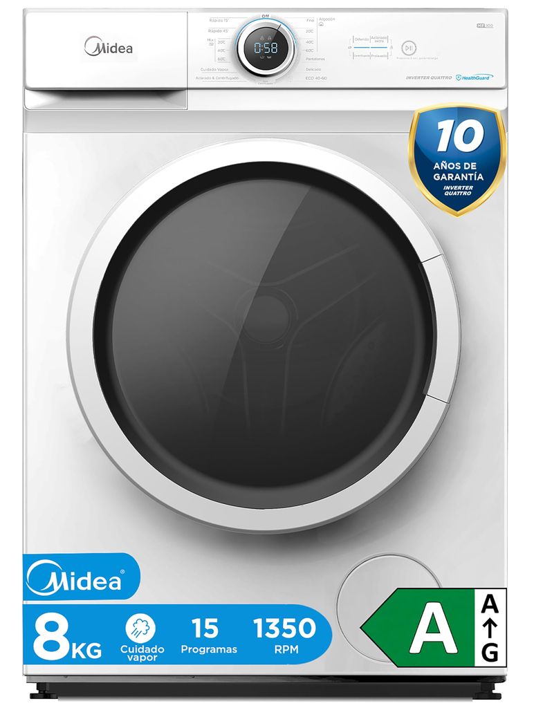Midea Lavadora 8kg Carga Frontal 1950W, 1350 rpm con Motor Inverter - Lavadoras con 15 Programas y Tecnología Healthguard