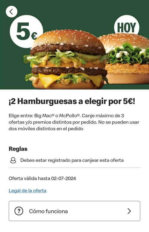 2 hamburguesas (a elegir entre Big Mac o McPollo) por 5€ en McDonald's (oferta redimible en pedidos físicos en restaurante con la app)