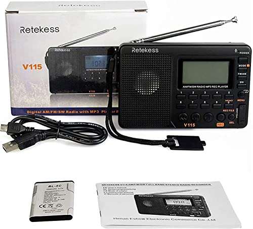 Retekess V115, Radio Portátil, FM Am SW, Recargable Radio con MP3,SD/TF/USB, 3 Modos de Grabación, Tiempo de Sueño