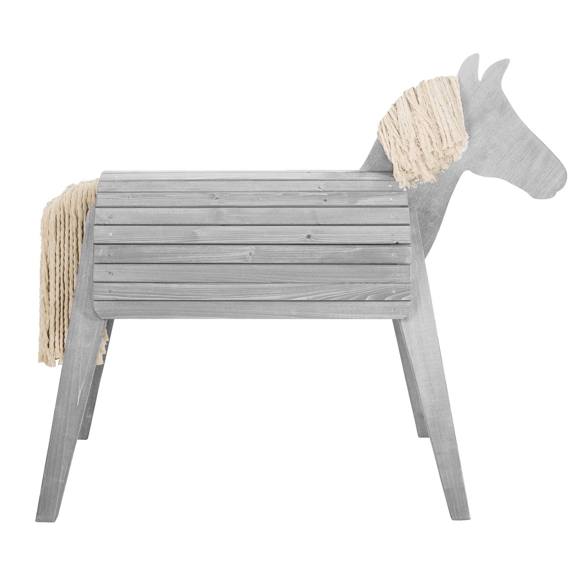 Caballo de juego para jardín de madera maciza Caballo de volteo para exterior con crin y cola para peinar Gris 123x63x153cm