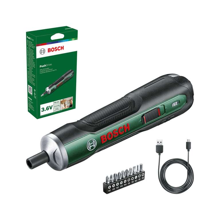 Bosch Home and Garden destornillador a batería PushDrive set de iniciación (3,6 V, 1,5 Ah, 5,0 Nm, 10 brocas, con cable carga micro USB