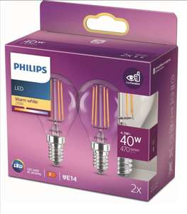 Philips - Bombilla LED cristal 40W P45 E14 luz blanca cálida, transparente, no regulable pack 2