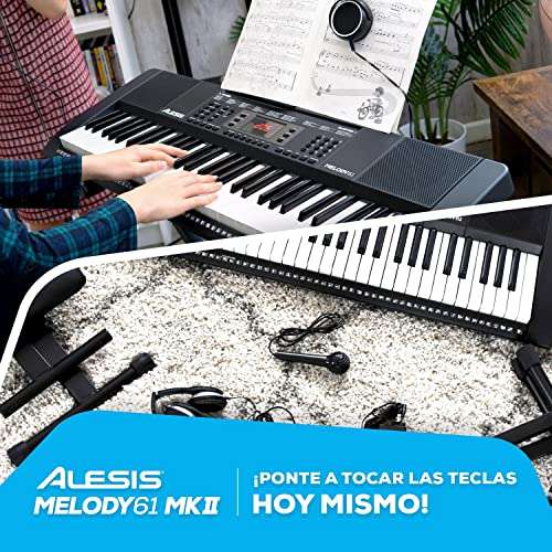 Alesis Melody 61 - Teclado de piano electrico para principiantes con altavoces, soporte, banqueta, auriculares, micrófono, atril,