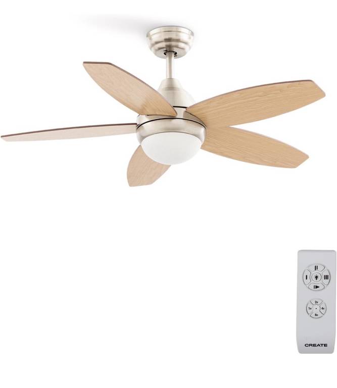 CREATE / WINDFLOWOOD/Ventilador de techo con luz níquel aspas madera natural con mando / 60W, Aspas reversibles, Ø107cm