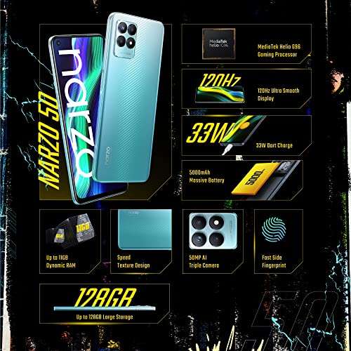 realme Narzo 50 4G - 6,6" FHD+ (2412x1080) 120Hz, Mediatek Helio G96, 4GB RAM+128GB ROM, 5000 mAh, CARGA 33W, Velocidad Azul
