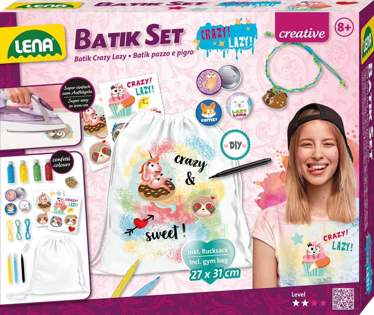LENA 42706 Batik Crazy & Lazy - Kit de Manualidades con Mochila de Lino