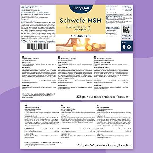 MSM 365 cápsulas veganas - 1600mg MSM (Metilsulfonilmetano) en polvo por dosis diaria de azufre orgánico - 99,9% Puro