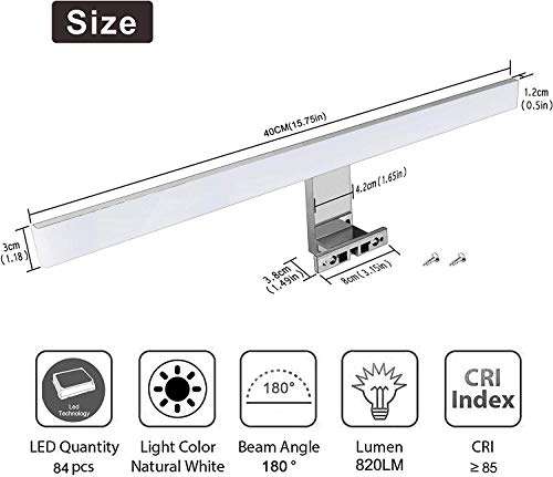 Lámpara de Espejo Baño 40 cm 10W 820LM 230V Neutro Blanco 4000K,Acero inoxidable IP44 Clase II Lámpara de espejo de baño delgada