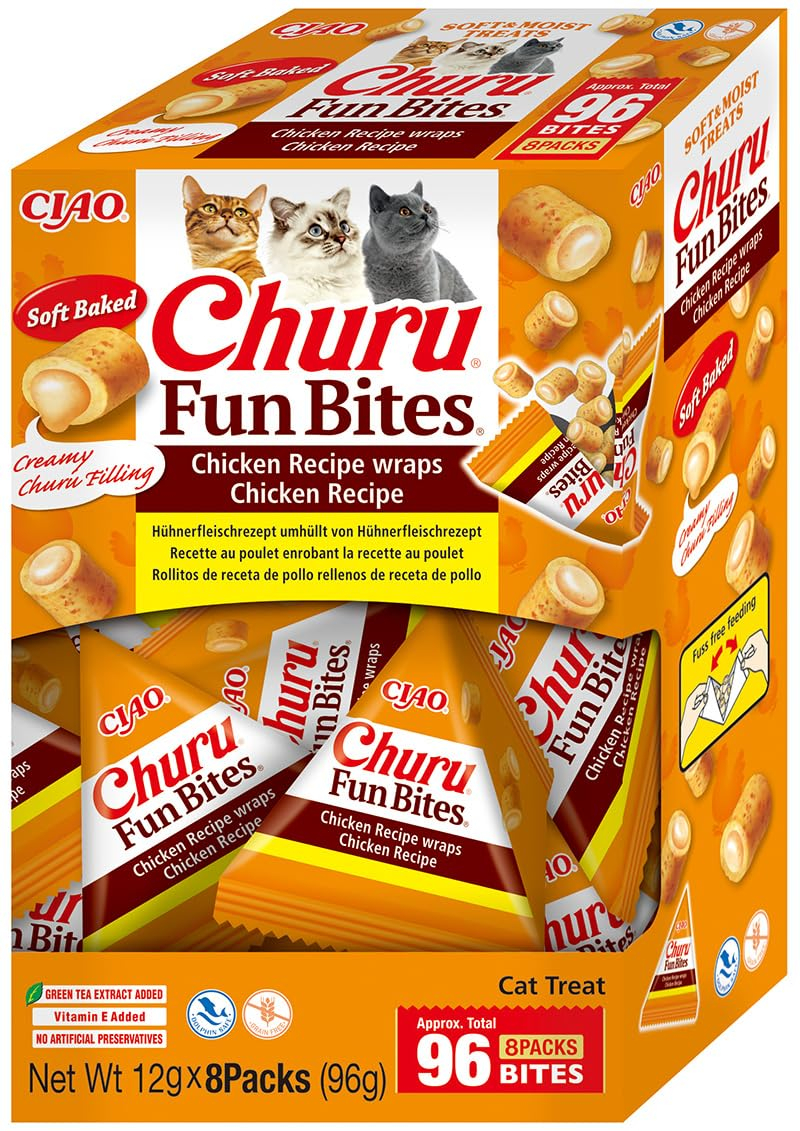 INABA Churu Fun Bites Gatos Golosinas Crujientes y Cremosas Sin Cereales, Sin Colorantes Sin Conservantes - 96g (8x12g)