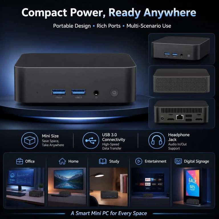 Mini PC Intel N150 – Windows 11 Pro 16GB RAM 256GB SSD, WiFi6 at