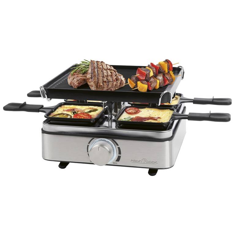 Raclette ProfiCook para 4 personas | Incluye 4 sartenes y 4 espátulas de madera (reacondicionado como nuevo)