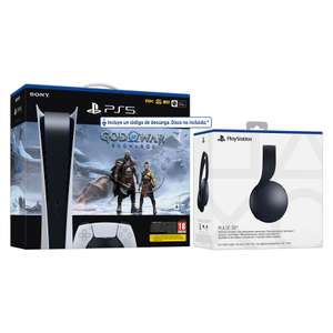 Consola - Sony PS5 Digital Edition C, 825 GB, Blanco + Juego God Of War: Ragnarok (código descarga) + Auriculares Pulse 3D, Negros