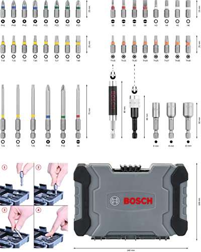 Bosch Professional 43 uds. Set de puntas de atornillar y llave de vaso (puntas PH, PZ, hexagonal, T, TH, S, accesorios)