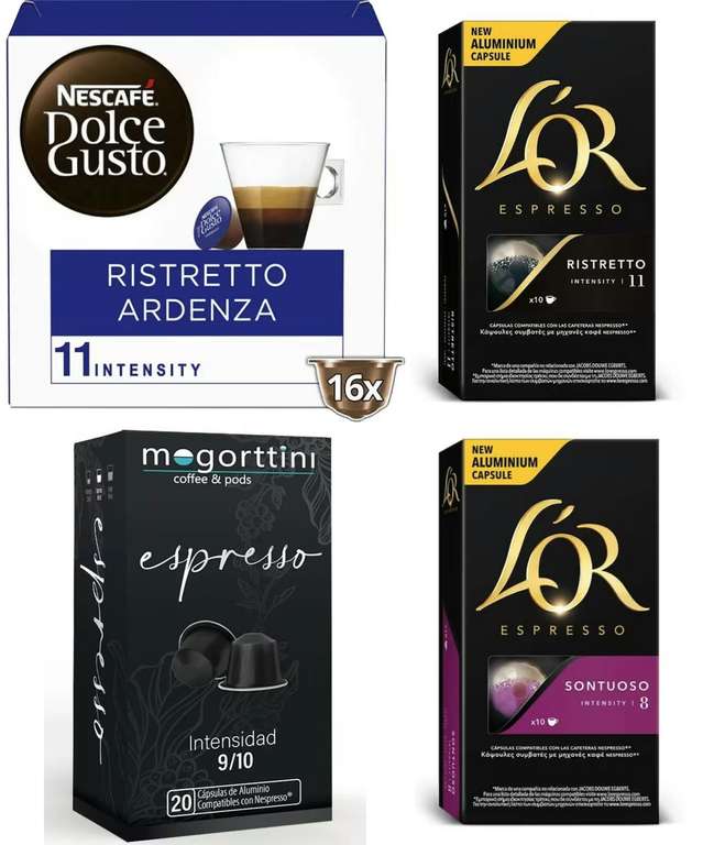 Packs de 10/16/20 Cápsulas de Cafe Nescafe // L'OR // Mogorttini al 50%