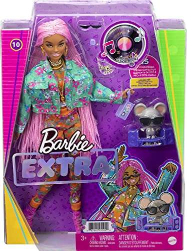 Barbie Extra - Muñeca articulada con trenzas rosas y ropa de flores, accesorios de moda y mascota