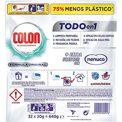 Colon Nenuco Detergente para la lavadora, adecuado para ropa blanca y de color, formato cápsulas, Pack de 2, Total 64 dosis