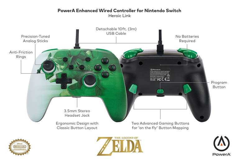 Mando con cable mejorado PowerA para Nintendo Switch - Heroic Link (The Legend of Zelda)