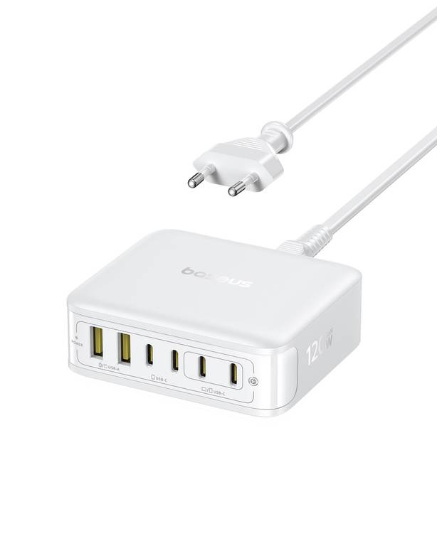 Estación de Carga de 6 Puertos Baseus 120W (USB-C GaN) – Carga rápida simultánea de hasta 6 dispositivos.