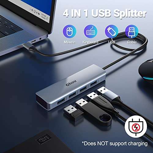 Hub USB C, Qhou Aleación de Aluminio USB Tipo C a Adaptador con 4 Puertos USB 3.2 10Gbps