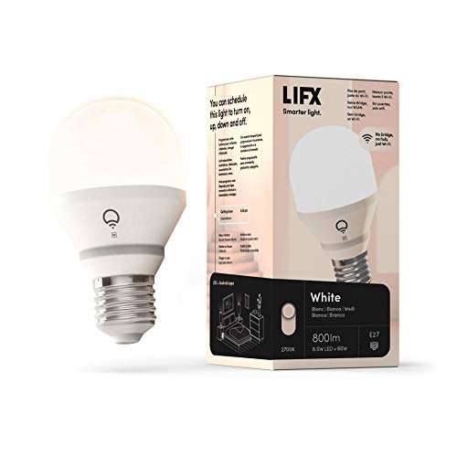 REACO LIFX White A60 800 lúmenes [E27], Bombilla LED inteligente con Wi-Fi, Blanco cálido, Atenuable, No hace falta puente (Como Nuevo)