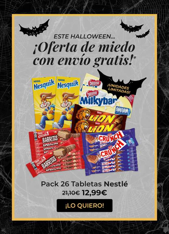 Pack HALLOWEEN Nestlé. Crunch + Milkybar + Lion + Nesquik + Barritas Extrafino Leche