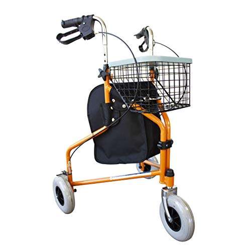 Mobiclinic, Modelo Caleta, Andador para ancianos, mayores y minusválidos frenos en las manetas, plegable, cesta, 3 ruedas, naranja